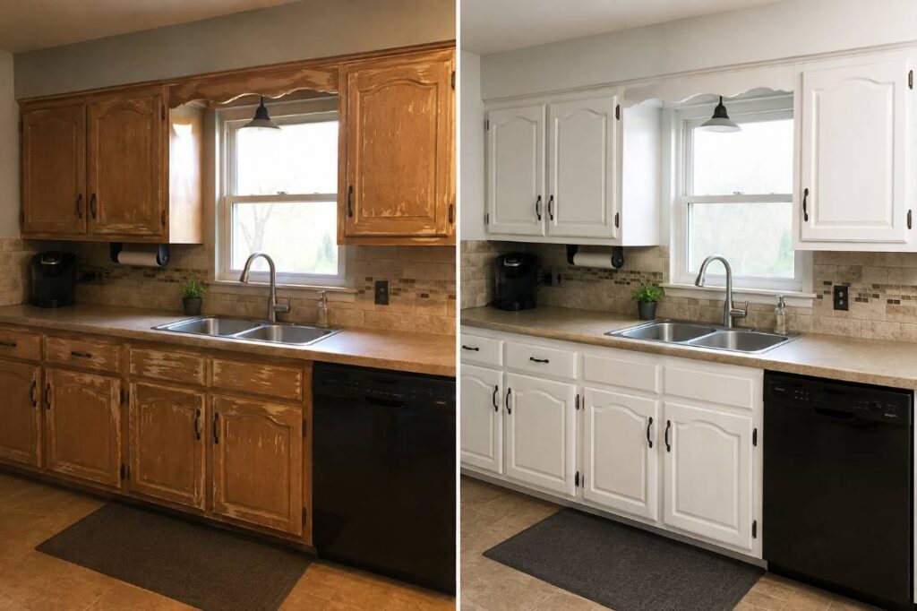 Before and after kitchen cabinet refinishing in Ocean County NJ