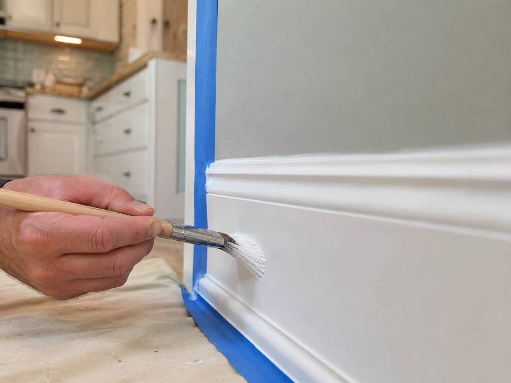 Painter applying trim paint in a New Jersey kitchen