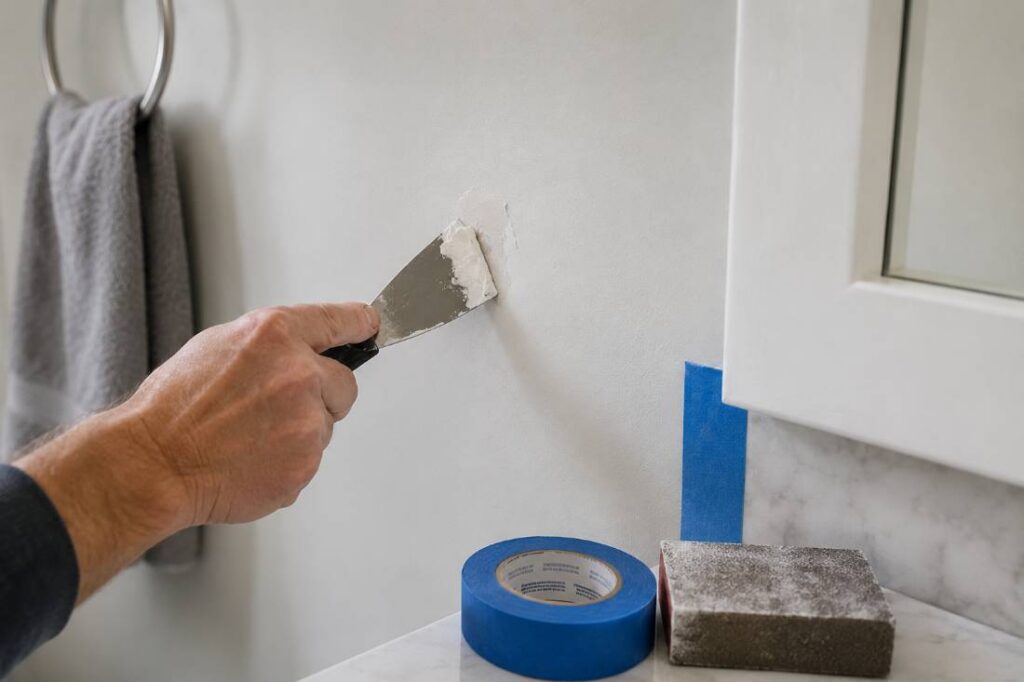 Painter preparing a bathroom wall before painting in New Jersey