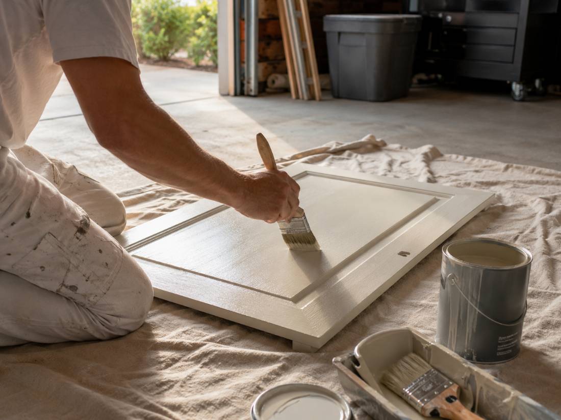 Painter refinishing kitchen cabinet doors in a New Jersey home