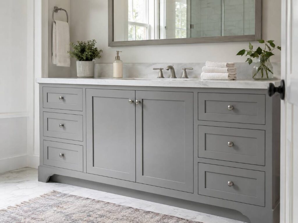 Freshly refinished bathroom vanity cabinet in a New Jersey home