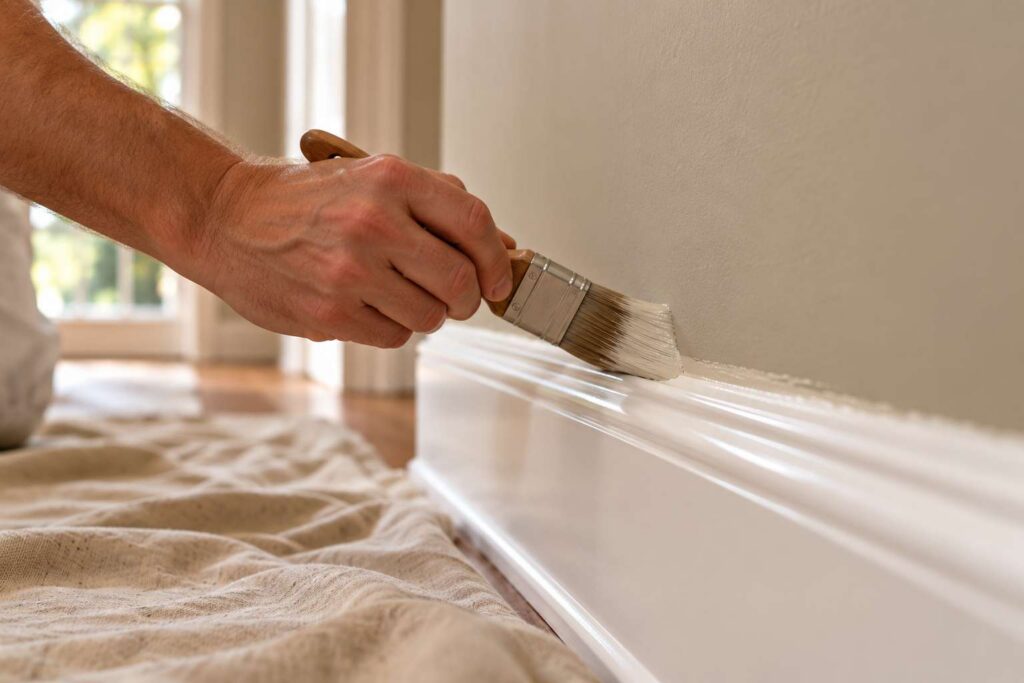 Painter cutting a crisp paint line along a white baseboard