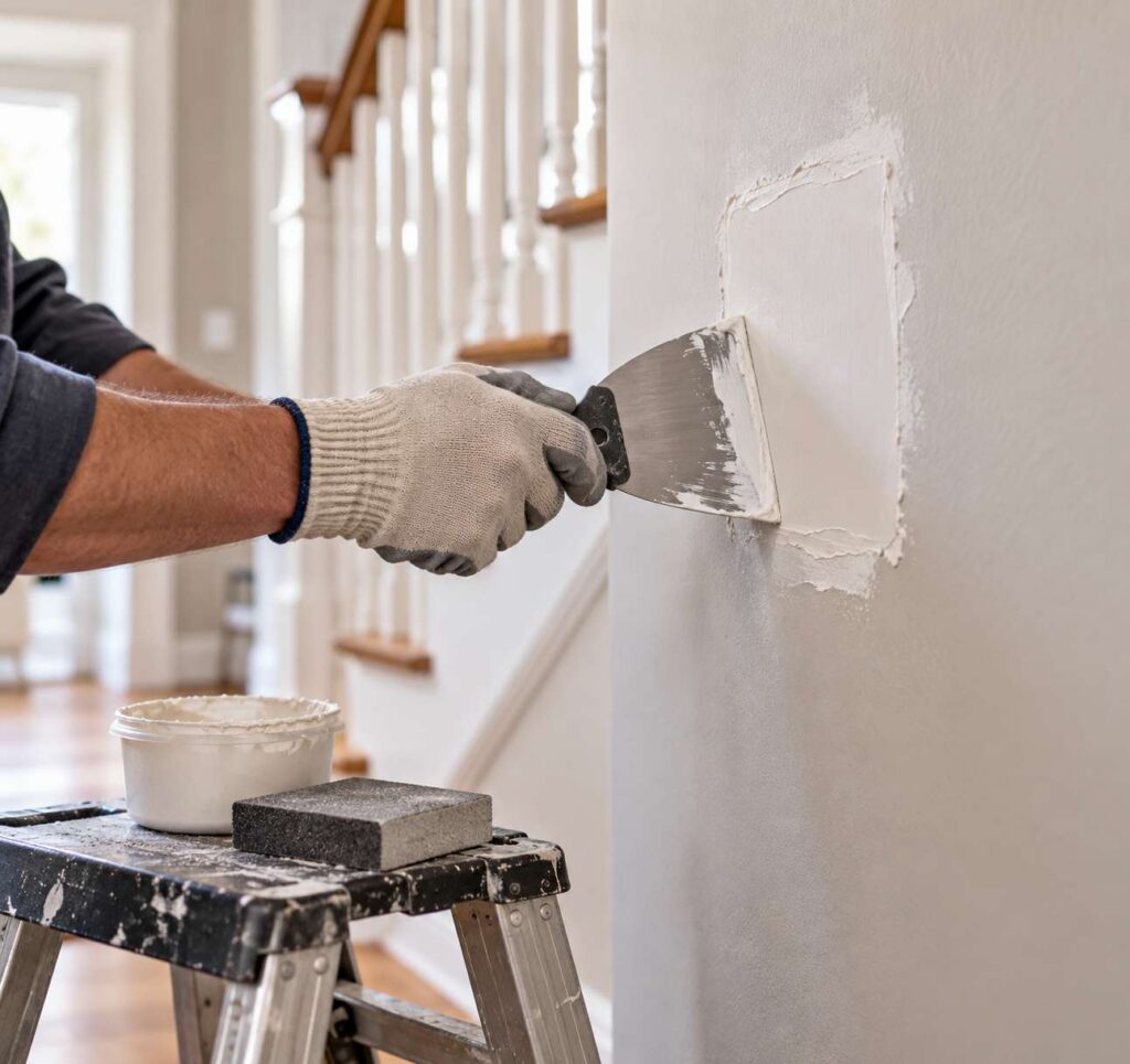 Drywall patch being smoothed on a hallway wall before painting