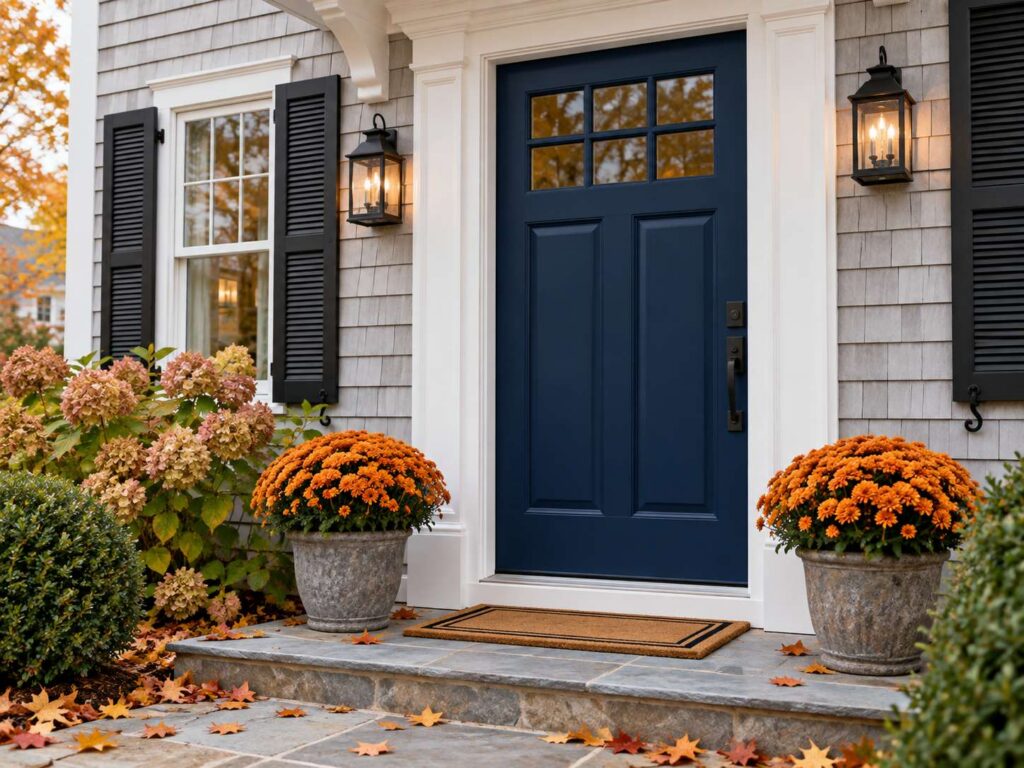 Freshly painted navy front door with white trim and fall mums on the step